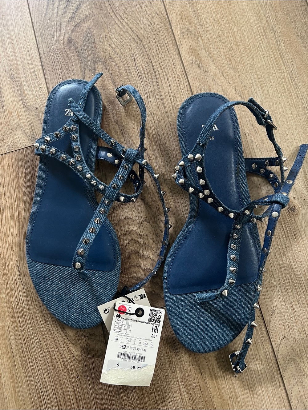 Zara Blue Studded Denim T-Strap Sandals